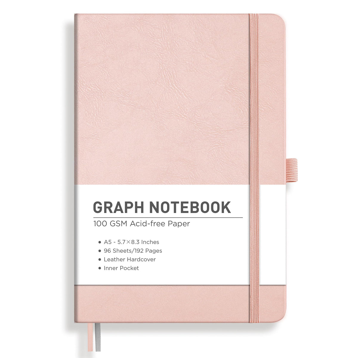RETTACY Graph Grid Paper Notebook, 192 Pages, A5 Size (5.7'' x 8.3'') | 5 Squares per Inch, Leather Hardcover, 100 GSM Thick Paper, for School, Students, Math, Engineering (Light Green)