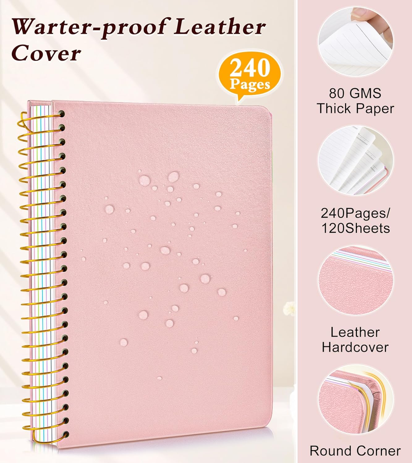 5 Subject Notebook College Ruled 240 Pages, A5(5.8"x8.3") Hardcover Spiral Notebook with Removable Pocket Dividers Tabs, Lined Spiral Journal Notebook for Women, Notebooks for Work School Note taking Pink