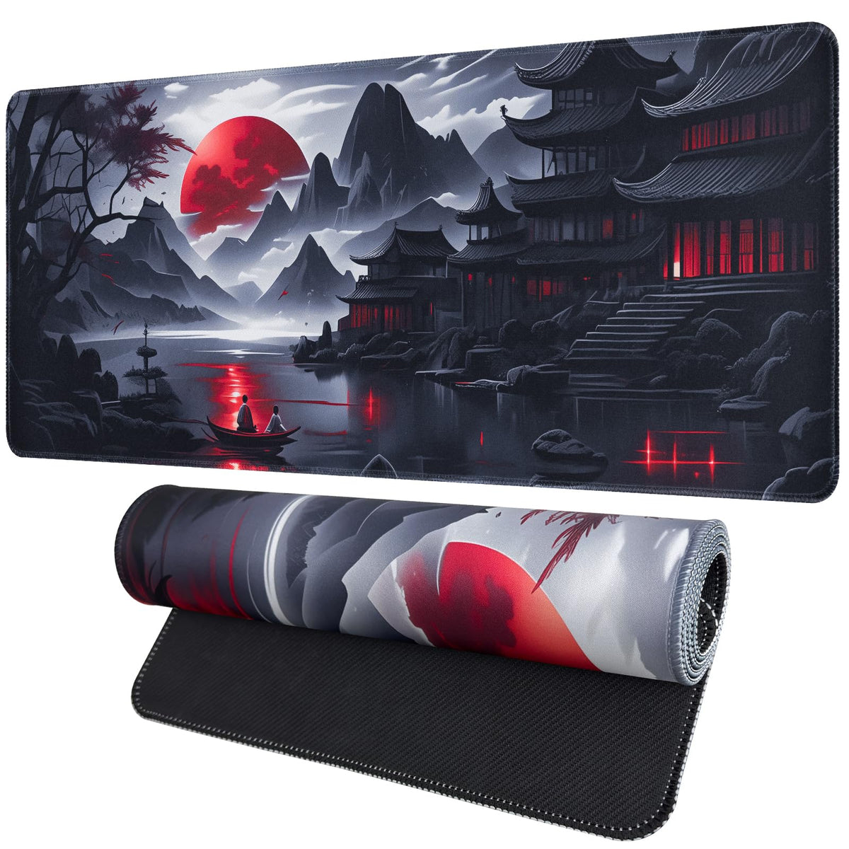FreeNook Large Gaming Mouse Pad, Anime Black Mousepad with Stitched Edges, Expanded Cool Desk Mat, Japanese Red Moon XL Keyboard Mat Suitable for Home Office,31.5 X 11.8 Inch