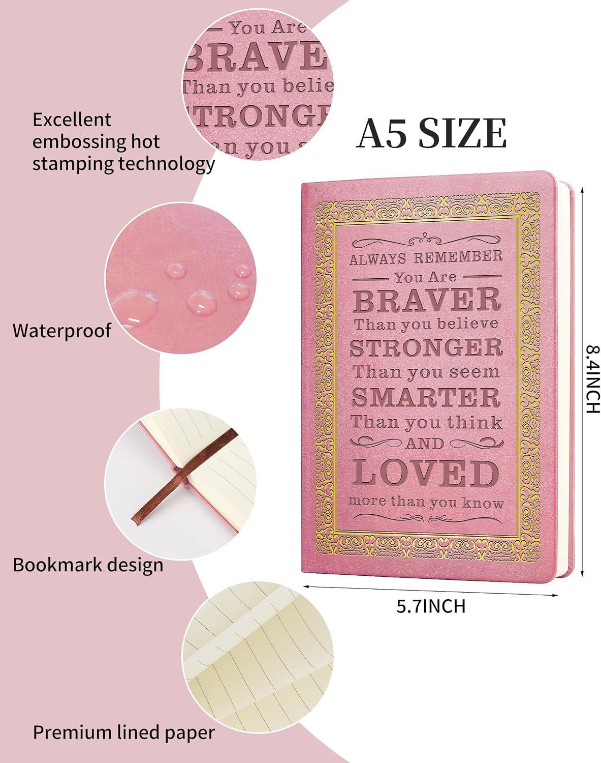 JOHSBYD Pink Journal for Women - A5 Lined Hardcover Notebook | and Diary for Teen Girls, 200 Pages 100GSM Bleedproof Paper, cute notebook for Travel, Work, School(Pink)