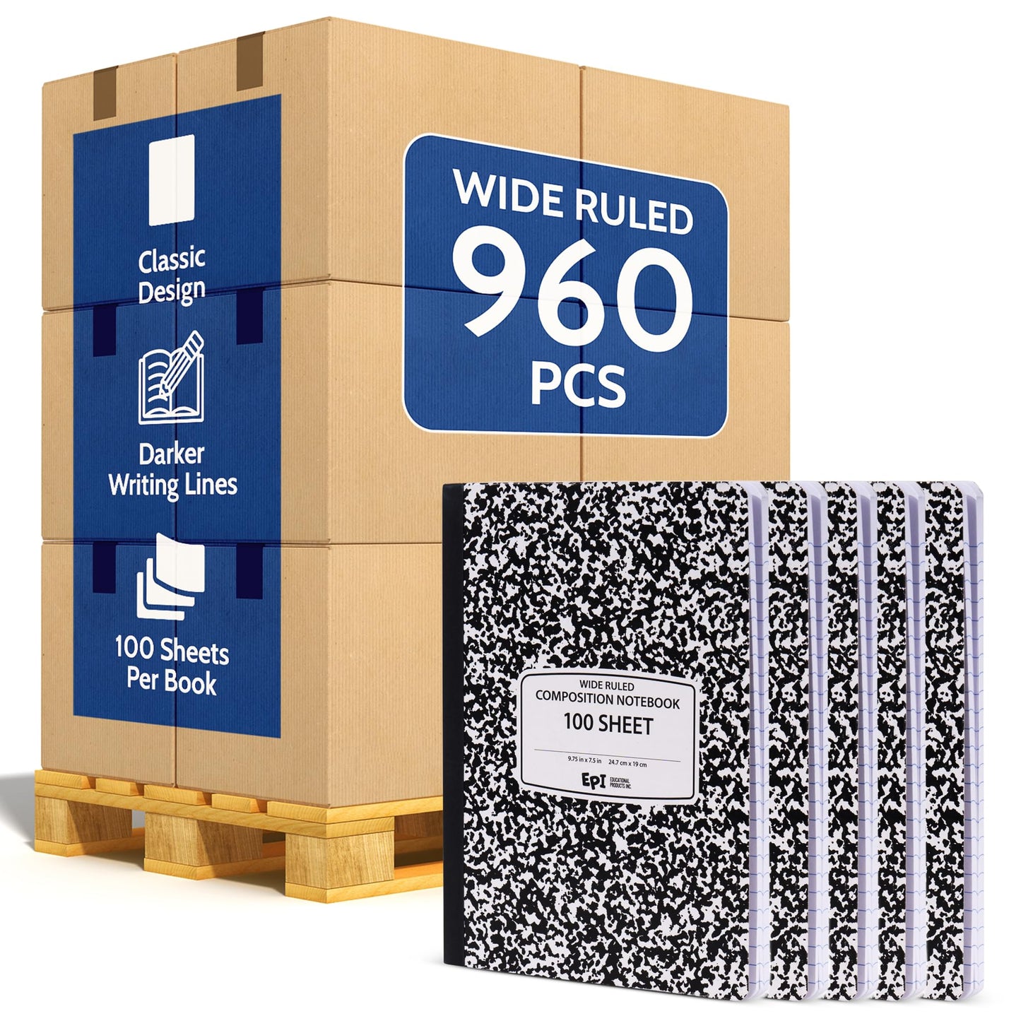 4 Pack - EPI Marble Hardcover Wide Ruled Composition Notebook | 200 Pages (100 Sheets), 9.75 x 7.5 in, Sturdy Sewn Binding | School, Office, Journaling, Notes