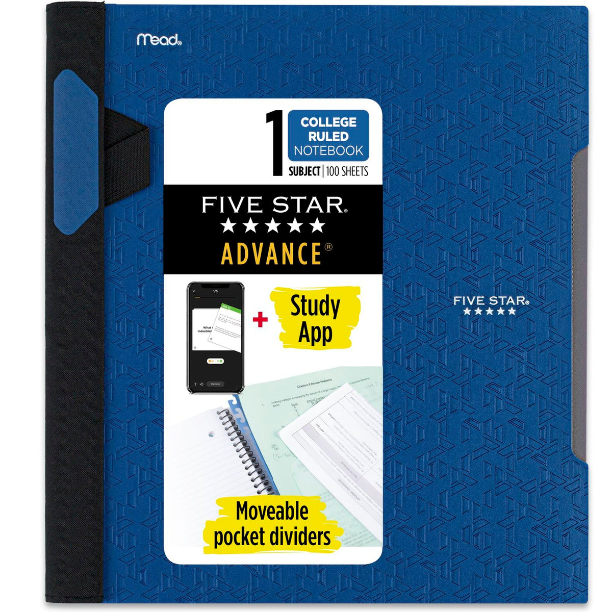 Five Star Advance Spiral Notebooks + Study App, 2 Pack, 1 Subject, College Ruled Paper, 11" x 8-1/2", 100 Sheets, With Spiral Guard and Movable Dividers, Black, Pacific Blue (820112)
