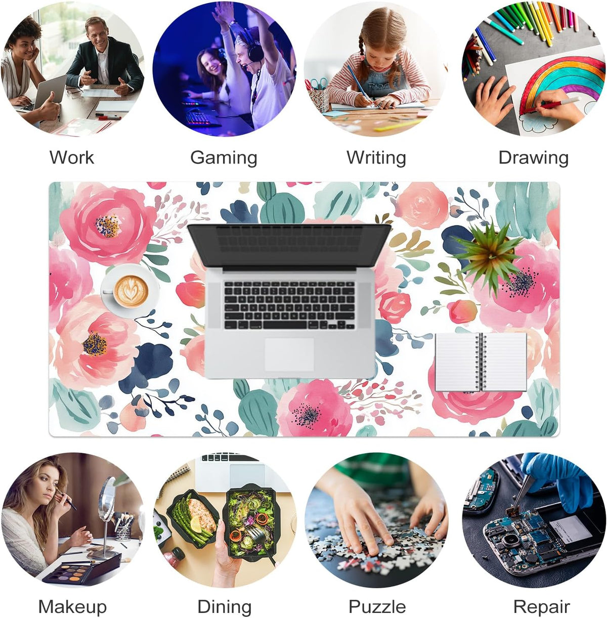 Faux Leather Large Mouse Pad, Office Desk Mat, 31.5"x15.7", Pink Floral | Desk Décor Accessories, Extended Size, Waterproof & Easy to Clean, Smooth Surface, Non Slip Desk Organization
