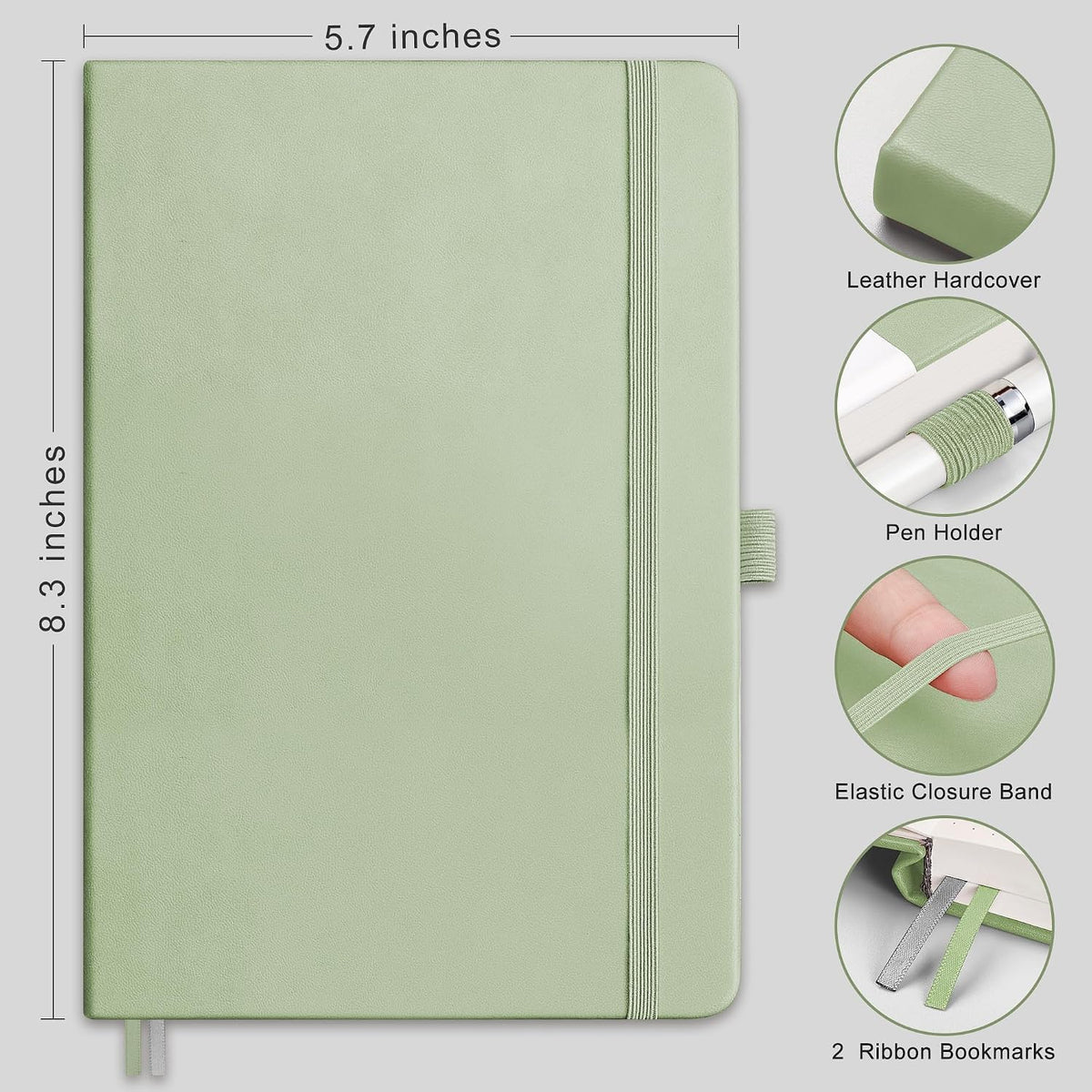 RETTACY Graph Grid Paper Notebook, 192 Pages, A5 Size (5.7'' x 8.3'') | 5 Squares per Inch, Leather Hardcover, 100 GSM Thick Paper, for School, Students, Math, Engineering (Light Green)