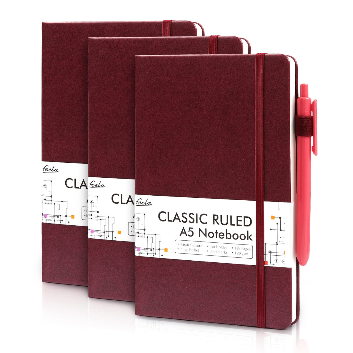 feela 3 Pack Hardcover Notebook For Women, Classic Ruled Lined Journal Set School Business Supplies, with 3 Black Pens, 120 GSM, 5.1”x8.3”, A5, Pastel Colors, Light Blue, Light Purple, Light Green
