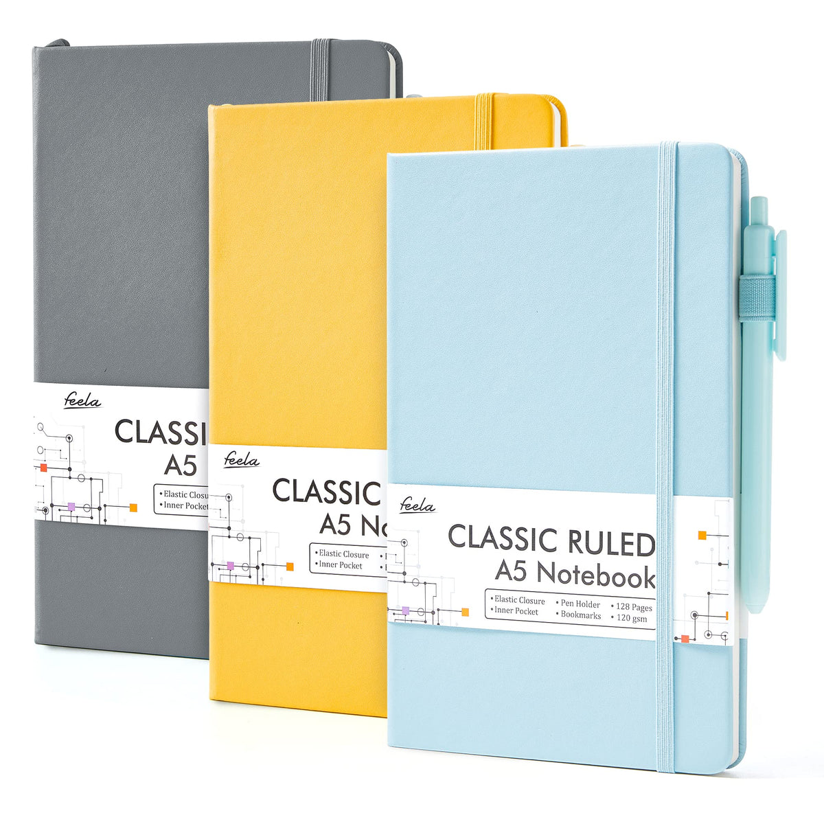 feela 3 Pack Hardcover Notebook For Women, Classic Ruled Lined Journal Set School Business Supplies, with 3 Black Pens, 120 GSM, 5.1”x8.3”, A5, Pastel Colors, Light Blue, Light Purple, Light Green