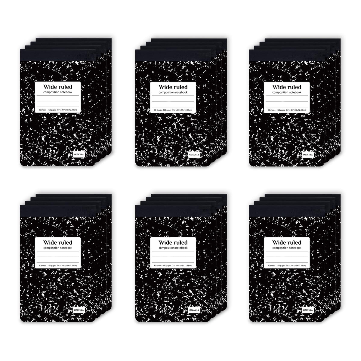 ONAVIA Composition Notebook Wide Ruled 6 Pack, 200 Pages, Marble Black | 100 ct, 9.75 x 7.5 in, Wide Ruled Composition Notebook, Durable Comp Book, School Notebooks, Note Taking, Students