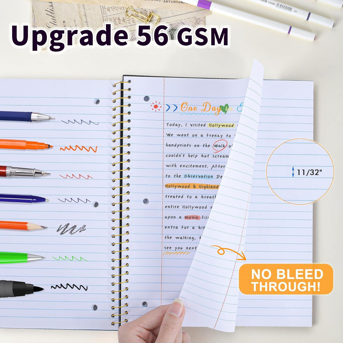 MUAHLIUB Spiral Notebook Wide Ruled Paper 8" x 10 1/2", 1 Subject Spiral Notebook, 3-Hole Punched Perforated Pages Ideal for School, Office, Writing, 95 Sheets Lined Journaling Notebook, Black
