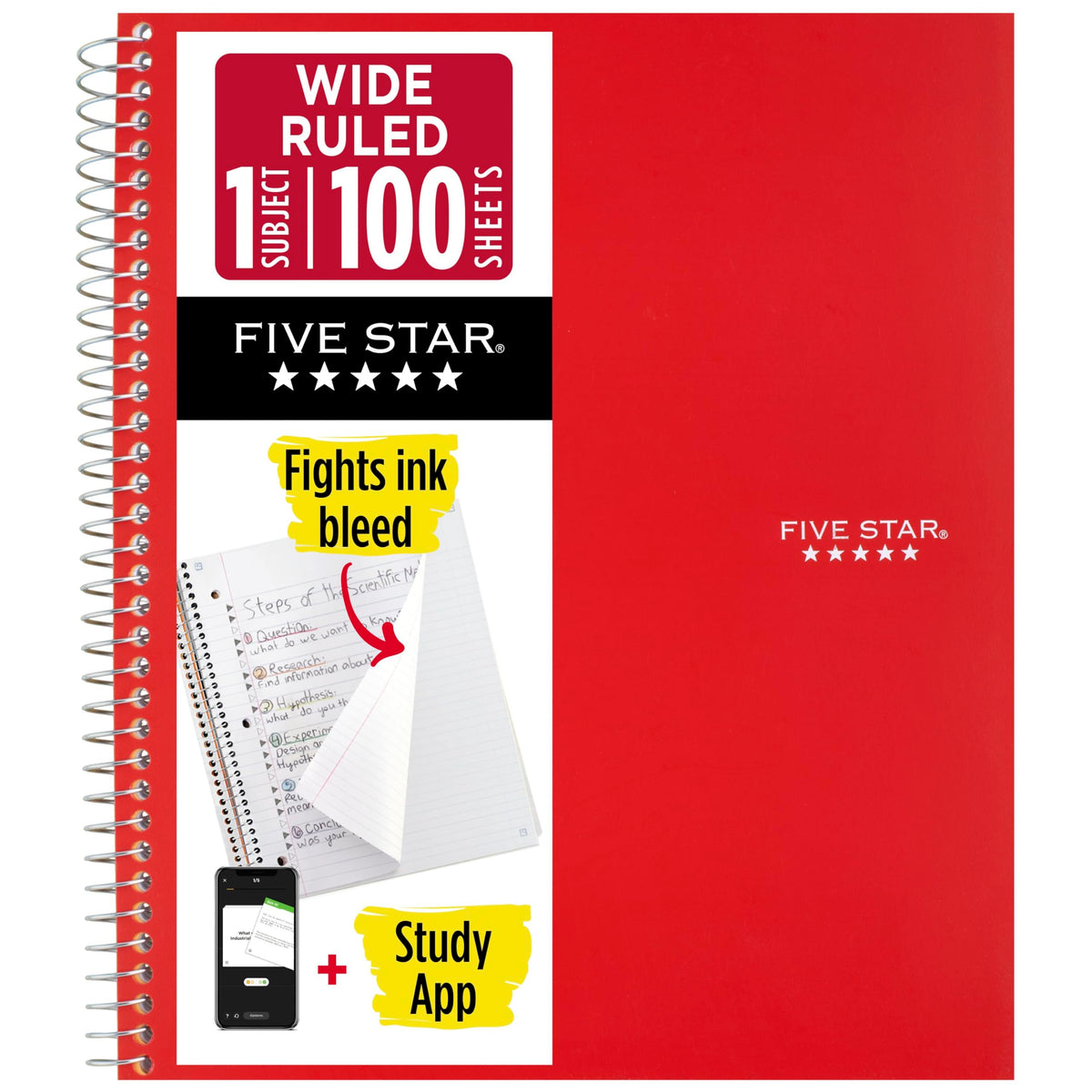Five Star Spiral Notebook + Study App, 1 Subject, Wide Ruled Paper, 8" x 10.5", 100 Sheets, Fights Ink Bleed, Water Resistant Cover, Vivid Yellow (930010CJ1)