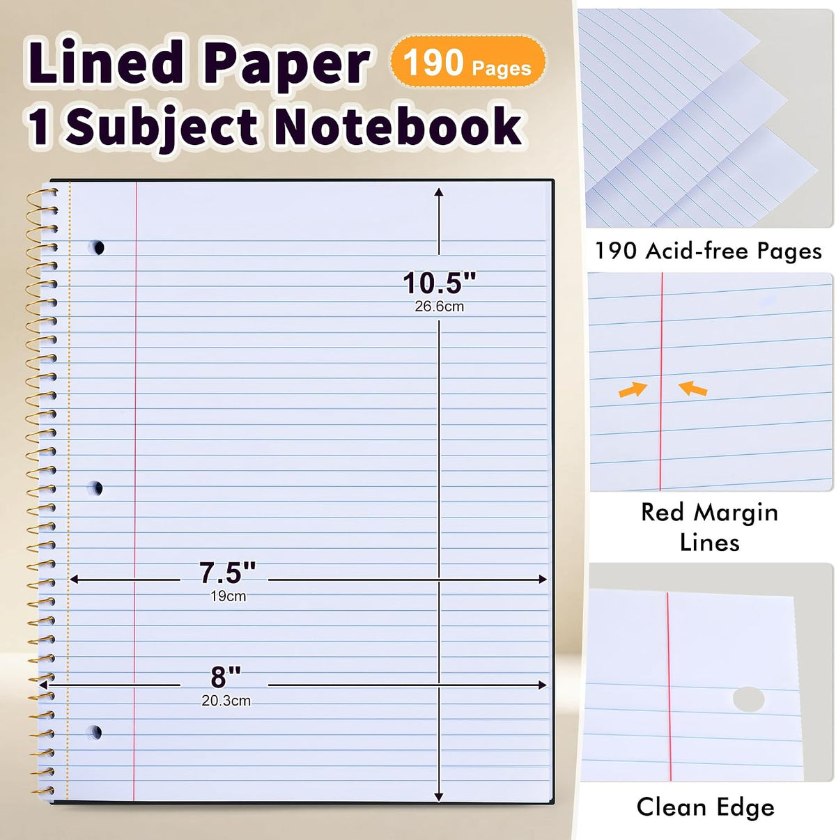 MUAHLIUB Spiral Notebook College Ruled Paper 8" x 10-1/2", 1 Subject Spiral Notebook, 3-Hole Punched Perforated Pages Ideal for School, Office, Writing, 95 Sheets Lined Journaling Notebook, Black