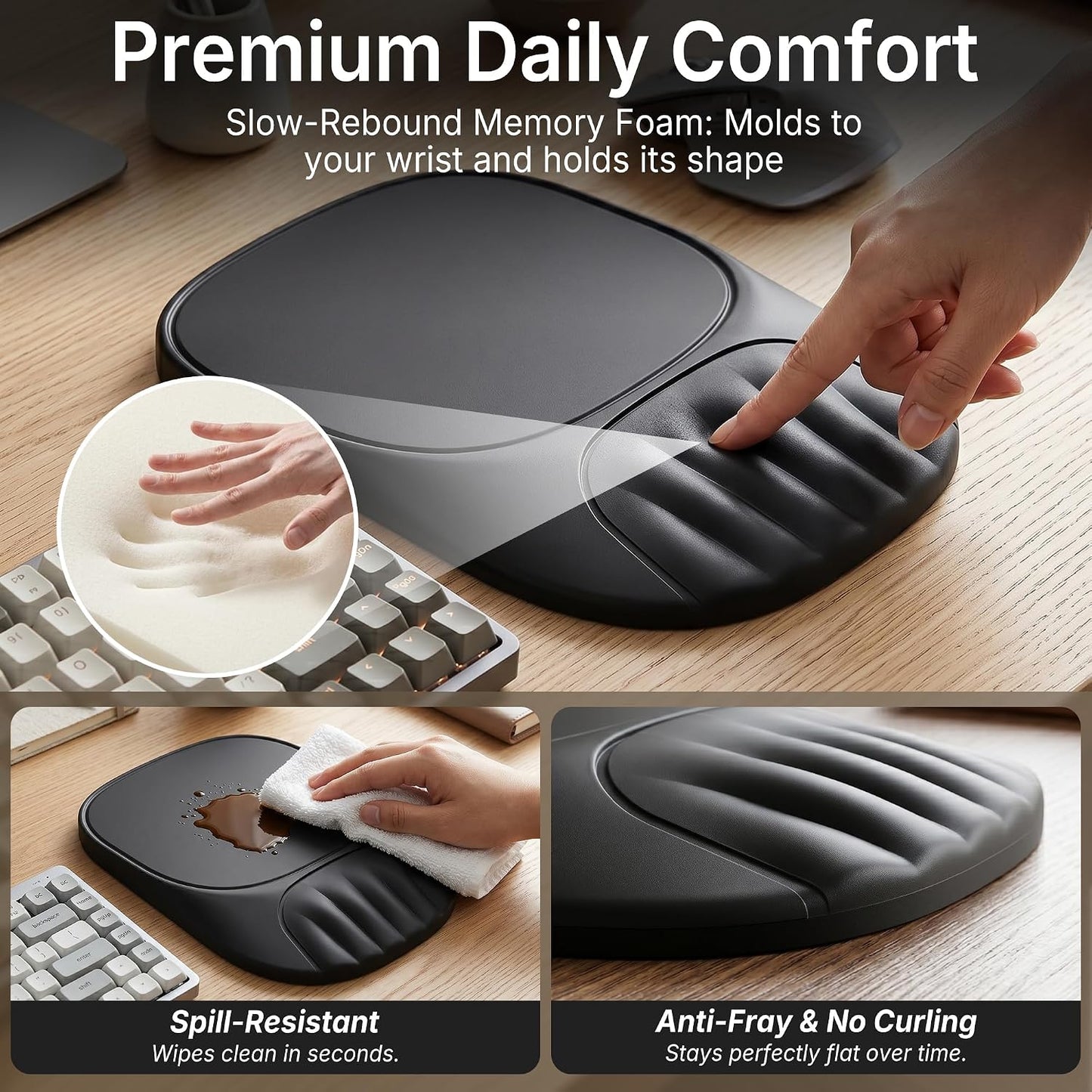 Ergonomic Mouse Pad with Wrist Rest, Sloped Memory Foam Mousepad with Wrist Support, Cooling Channels, Non-Slip Base, Smooth Lycra Surface for Office, Gaming & Home Desk (Black)