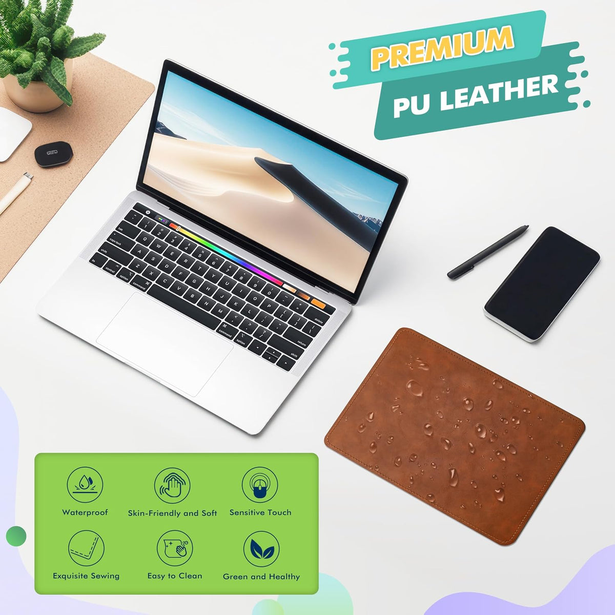 Mouse Pad, PU Mouse Pad，Leather Mouse Pad with Stitched Edge Micro-Fiber Base with Non-Slip Waterproof，Mouse Pad for Computers，Laptop, 8x11Inch (Caramel Brown)