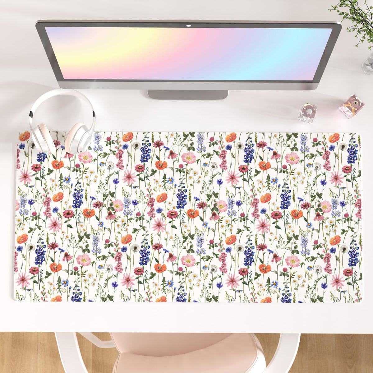 Faux Leather Large Mouse Pad, Office Desk Mat, 31.5"x15.7", Pink Floral | Desk Décor Accessories, Extended Size, Waterproof & Easy to Clean, Smooth Surface, Non Slip Desk Organization