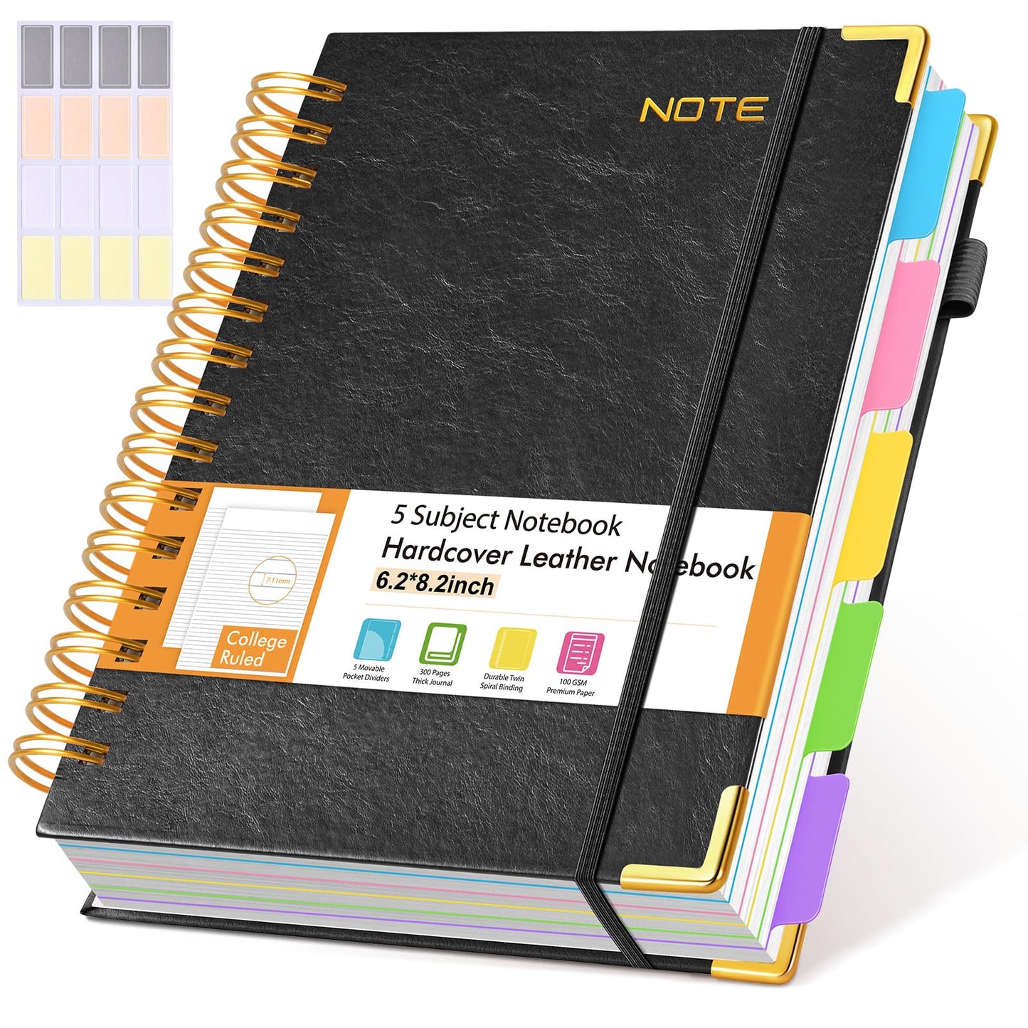 Hardcover Large Spiral Notebook 8.5" x 11" with Removable Dividers Tabs, 300 pages Leather 5 Subject Notebook College Ruled, A4 Journal for Women Men, Notebooks for Work School Note taking,Black