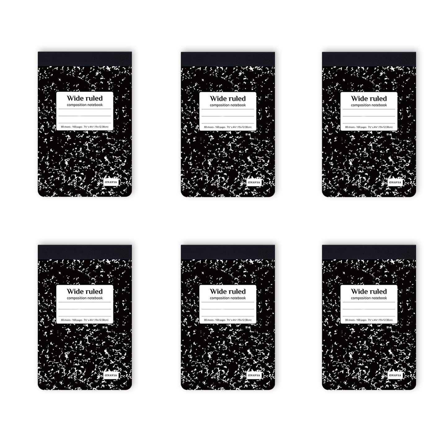 ONAVIA Composition Notebook Wide Ruled 6 Pack, 200 Pages, Marble Black | 100 ct, 9.75 x 7.5 in, Wide Ruled Composition Notebook, Durable Comp Book, School Notebooks, Note Taking, Students