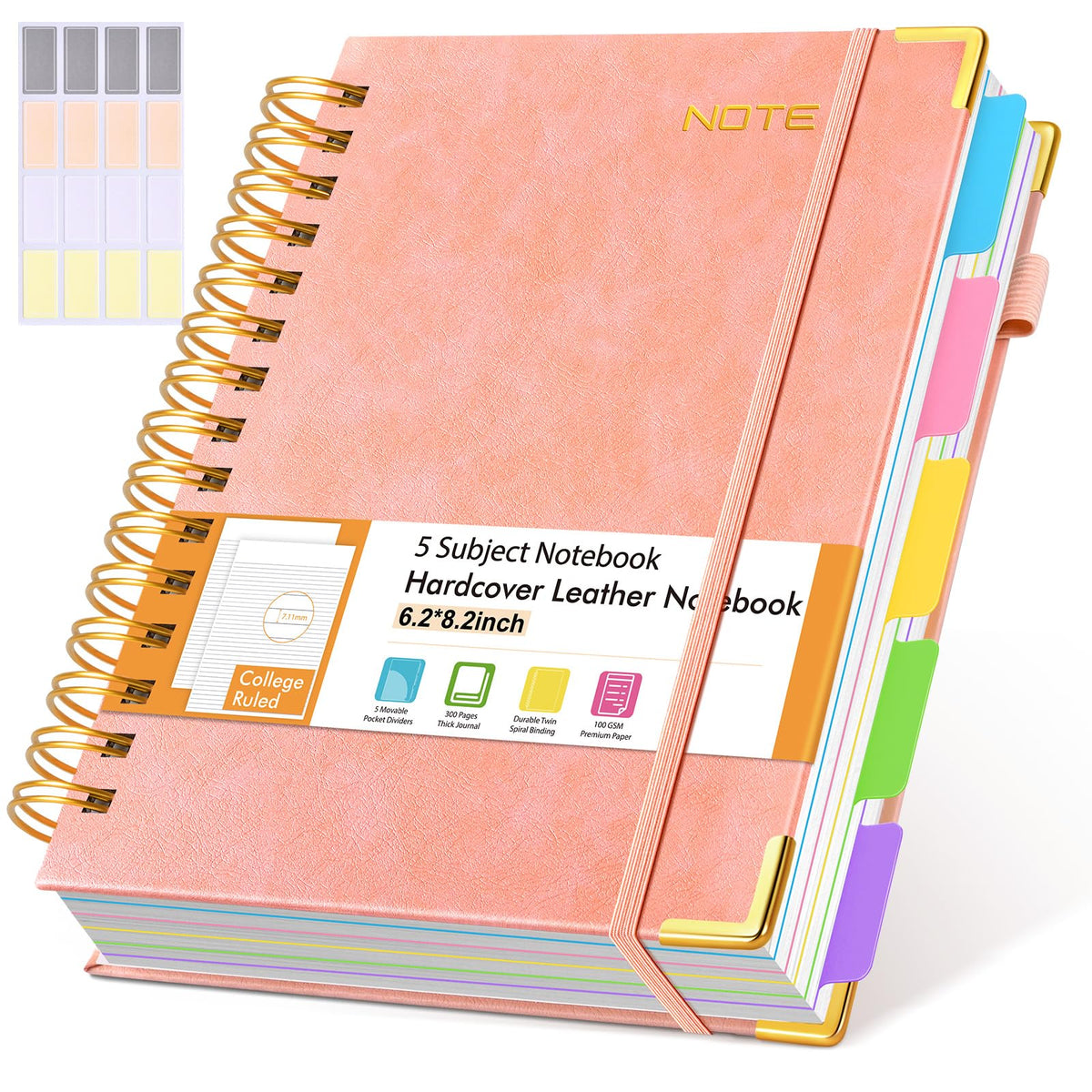 Hardcover Large Spiral Notebook 8.5" x 11" with Removable Dividers Tabs, 300 pages Leather 5 Subject Notebook College Ruled, A4 Journal for Women Men, Notebooks for Work School Note taking,Purple