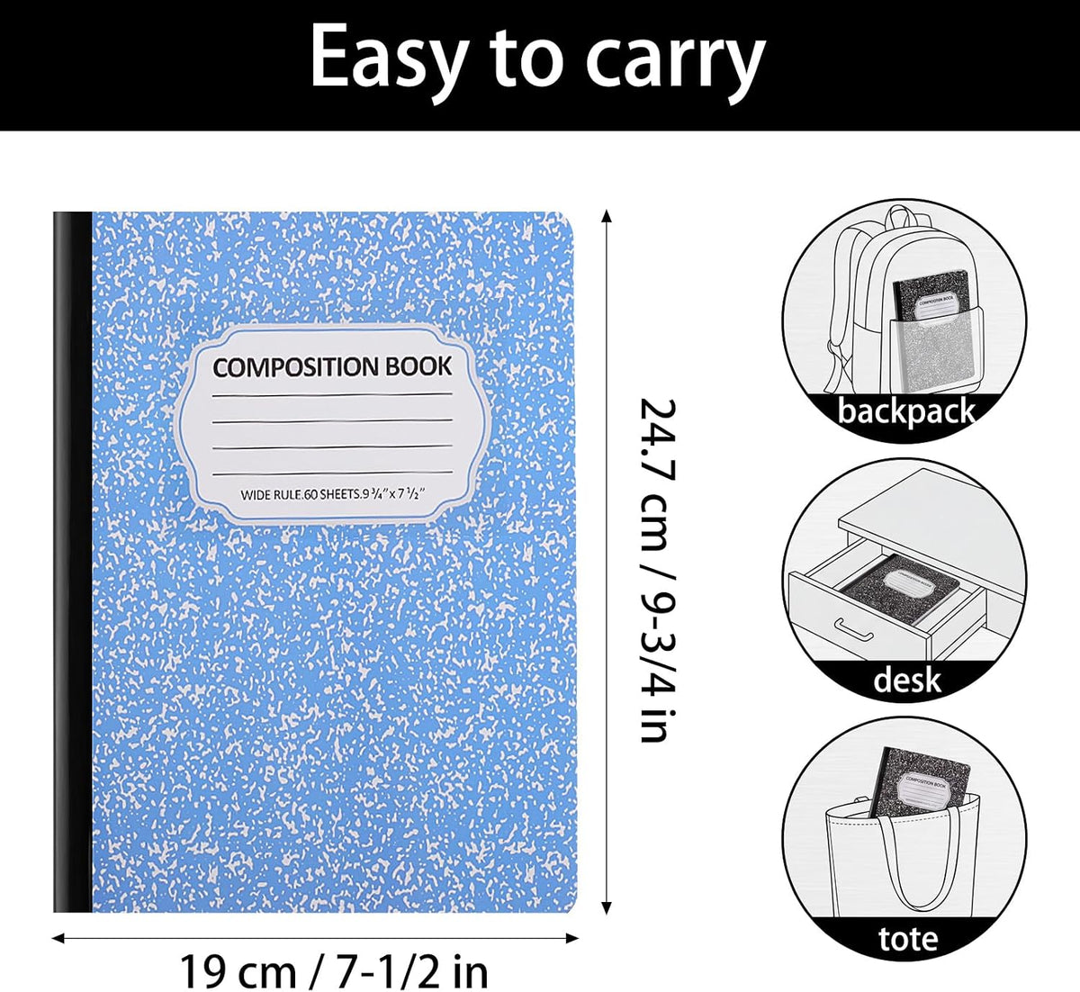 BESARME 24 Pcs Composition Notebook Bulk for School, Wide Ruled Notebooks | 9-3/4 x 7-1/2", 60 sheets/120 pages, Colorful Marble Notebooks for School Class Notes Homework Office