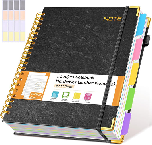 Hardcover Large Spiral Notebook 8.5" x 11" with Removable Dividers Tabs, 300 pages Leather 5 Subject Notebook College Ruled, A4 Journal for Women Men, Notebooks for Work School Note taking,Black