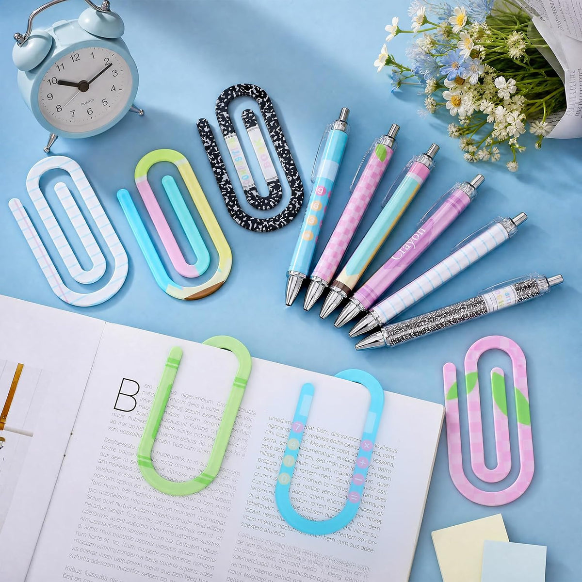 Colarr 24 Pcs Pastel Back to School Teacher Gift Survival Kit Supplies | 12 Jumbo Acrylic Paper Clips, 12 Ballpoints Pens, Pastel Teacher Supplies for Classroom Book Lovers Staff Office Writing