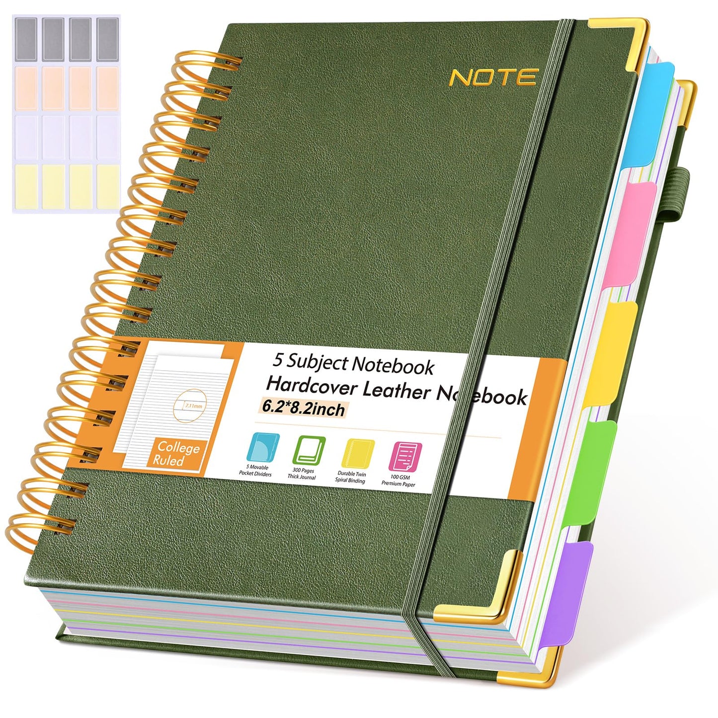 Hardcover Large Spiral Notebook 8.5" x 11" with Removable Dividers Tabs, 300 pages Leather 5 Subject Notebook College Ruled, A4 Journal for Women Men, Notebooks for Work School Note taking,Black
