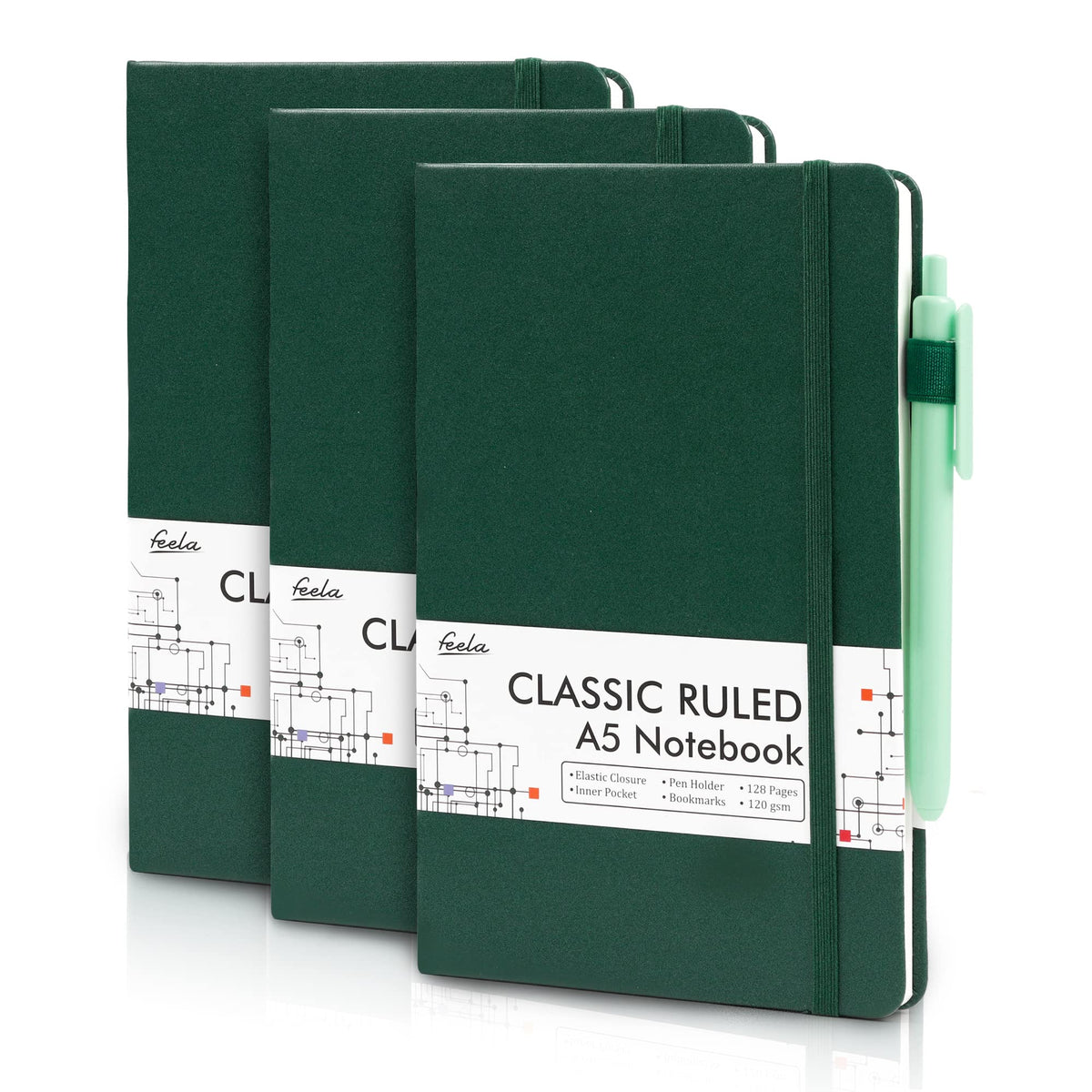 feela 3 Pack Hardcover Notebook For Women, Classic Ruled Lined Journal Set School Business Supplies, with 3 Black Pens, 120 GSM, 5.1”x8.3”, A5, Pastel Colors, Light Blue, Light Purple, Light Green
