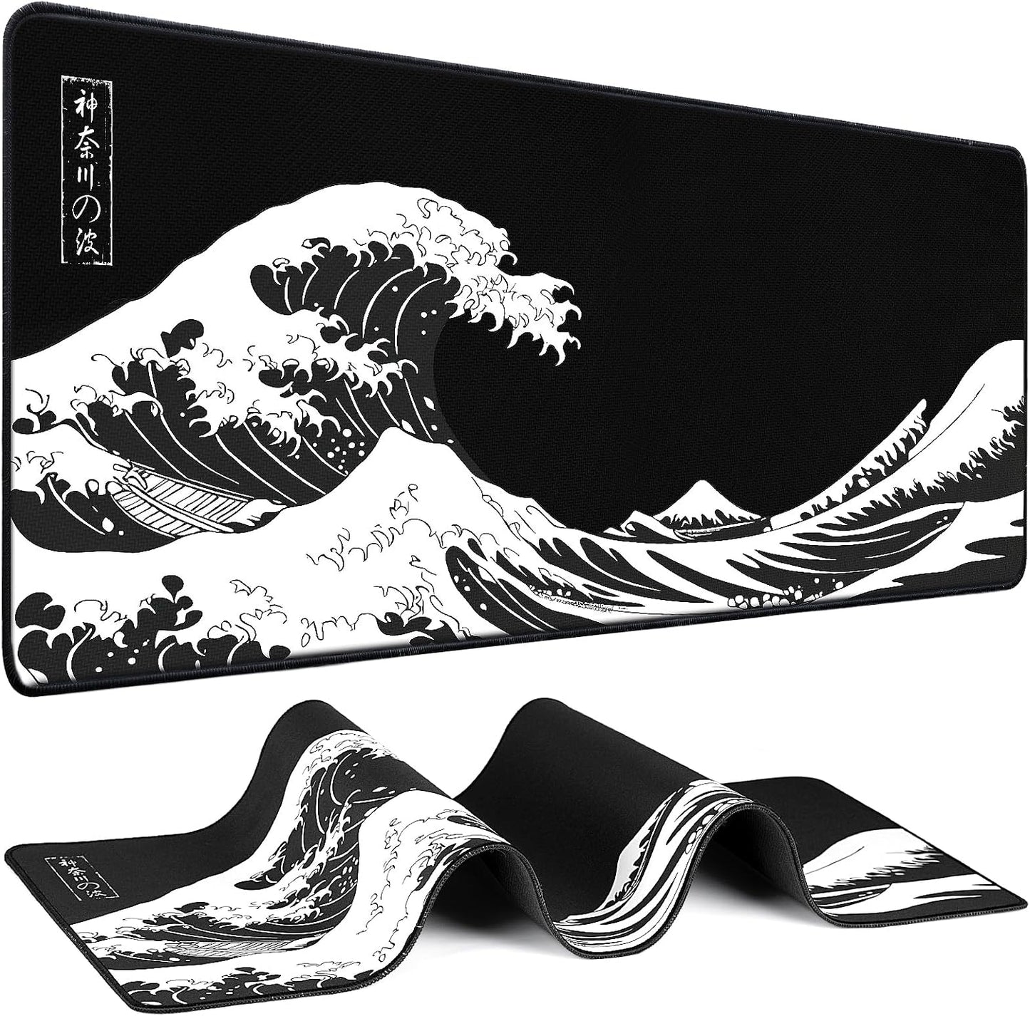 Mouse Pad Gaming - Desk Mat for Keyboard and Mouse - Kanagawa Large Mouse Pad for Desk, Japanese Sea Wave Mousepad (31.5 x 11.8inch) with Non-Slip Base, Desks Pad Mat for Game, Office and Home