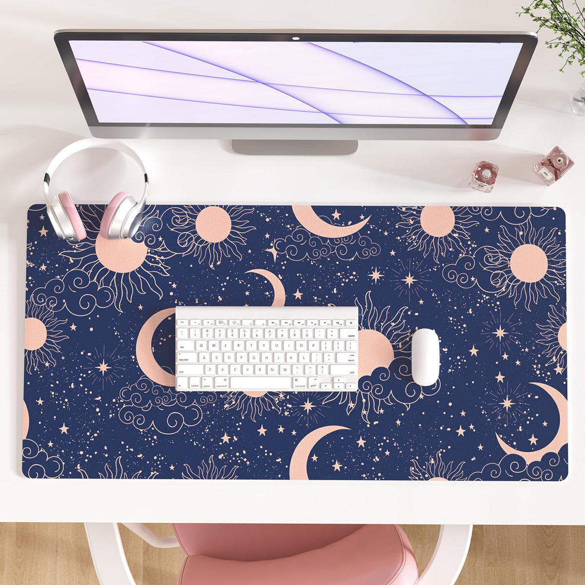 Faux Leather Large Mouse Pad, Office Desk Mat, 31.5"x15.7", Pink Floral | Desk Décor Accessories, Extended Size, Waterproof & Easy to Clean, Smooth Surface, Non Slip Desk Organization