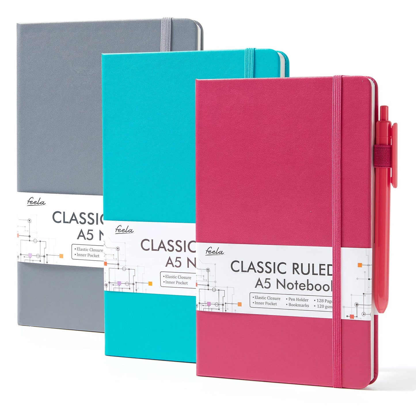 feela 3 Pack Hardcover Notebook For Women, Classic Ruled Lined Journal Set School Business Supplies, with 3 Black Pens, 120 GSM, 5.1”x8.3”, A5, Pastel Colors, Light Blue, Light Purple, Light Green