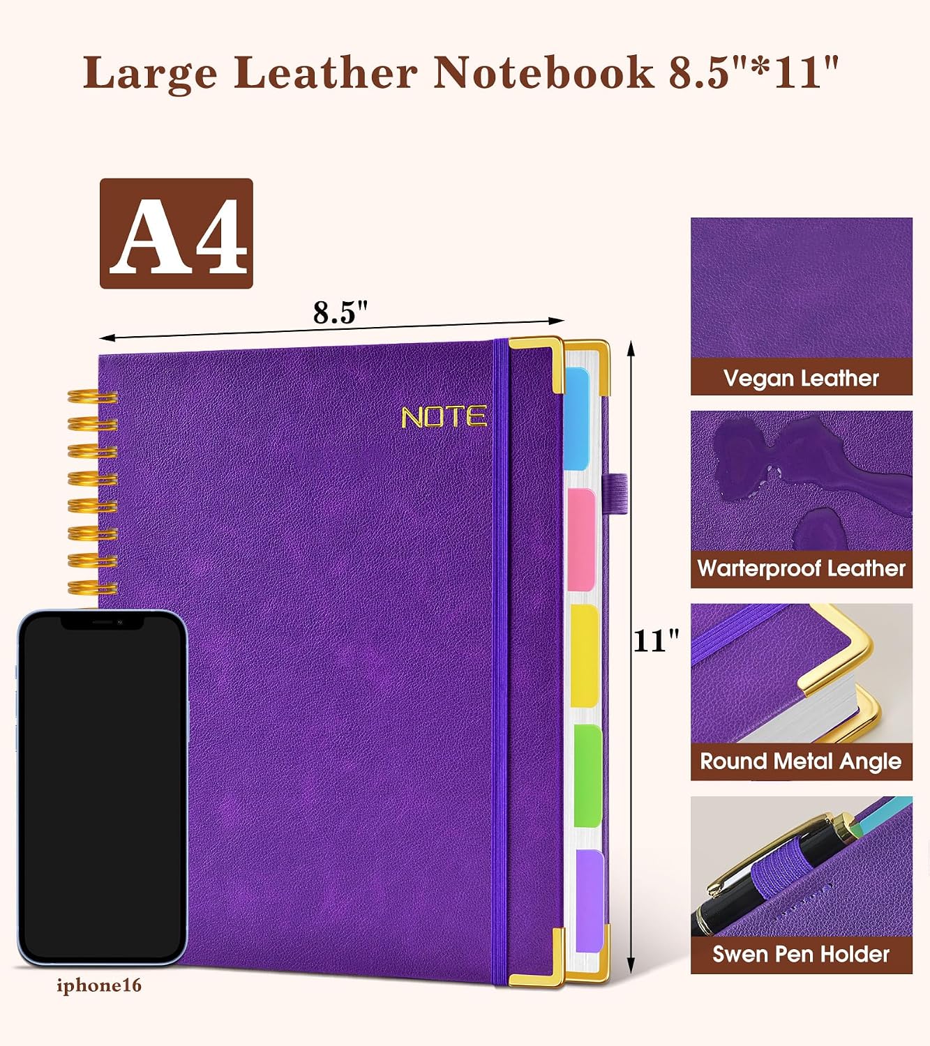 Hardcover Large Spiral Notebook 8.5" x 11" with Removable Dividers Tabs, 300 pages Leather 5 Subject Notebook College Ruled, A4 Journal for Women Men, Notebooks for Work School Note taking,Purple