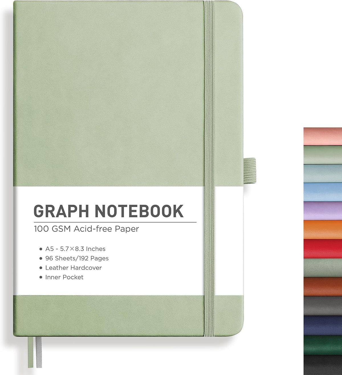 RETTACY Graph Grid Paper Notebook, 192 Pages, A5 Size (5.7'' x 8.3'') | 5 Squares per Inch, Leather Hardcover, 100 GSM Thick Paper, for School, Students, Math, Engineering (Light Green)