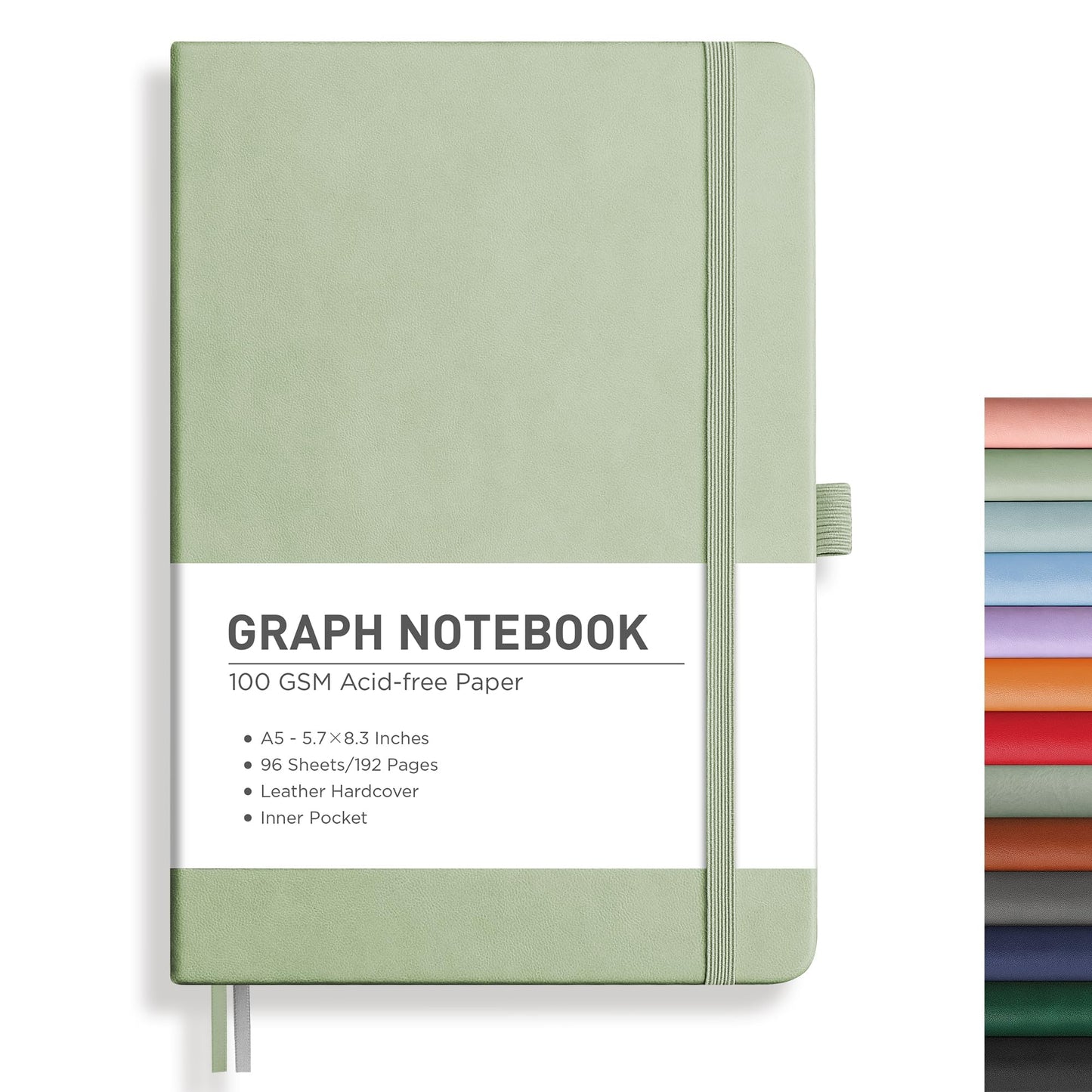 RETTACY Graph Grid Paper Notebook, 192 Pages, A5 Size (5.7'' x 8.3'') | 5 Squares per Inch, Leather Hardcover, 100 GSM Thick Paper, for School, Students, Math, Engineering (Light Green)