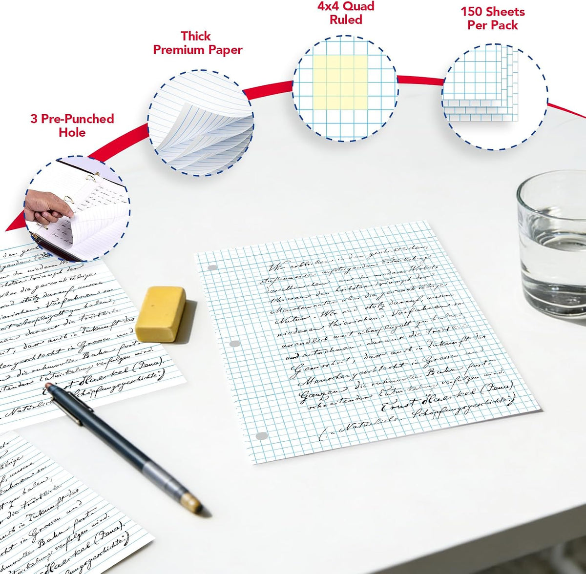 Kaisa Graph Paper Filler Paper USA-Made Bulk Wholesale Available 3 Pack 4x4 Quad Rule 3-Hole Punched Loose Leaf Paper 8x10.5 Filler Paper for 3-Ring Binder, 150 Sheets/Pack