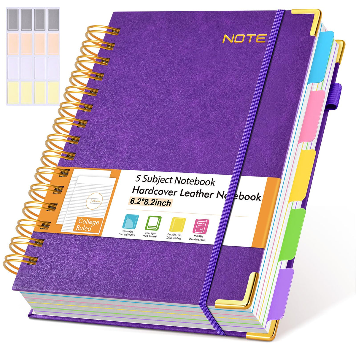 Hardcover Large Spiral Notebook 8.5" x 11" with Removable Dividers Tabs, 300 pages Leather 5 Subject Notebook College Ruled, A4 Journal for Women Men, Notebooks for Work School Note taking,Purple