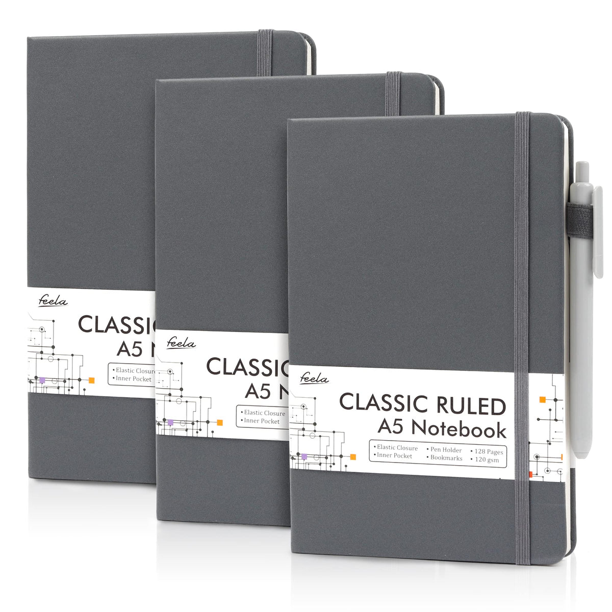 feela 3 Pack Hardcover Notebook For Women, Classic Ruled Lined Journal Set School Business Supplies, with 3 Black Pens, 120 GSM, 5.1”x8.3”, A5, Pastel Colors, Light Blue, Light Purple, Light Green