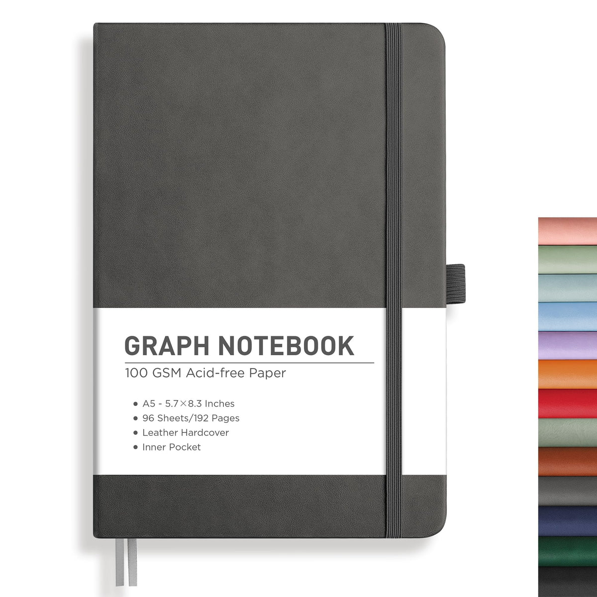 RETTACY Graph Grid Paper Notebook, 192 Pages, A5 Size (5.7'' x 8.3'') | 5 Squares per Inch, Leather Hardcover, 100 GSM Thick Paper, for School, Students, Math, Engineering (Light Green)