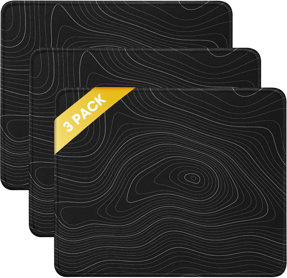 JIKIOU 3 Pack Mouse Pad with Stitched Edge, Perfect Size 10.2x8.3in Black | Anti-Fray, Comfortable Smooth Lycra Surface, Non-Slip Rubber Base, Machine Washable Fade-resistant, Compatible with All Mice