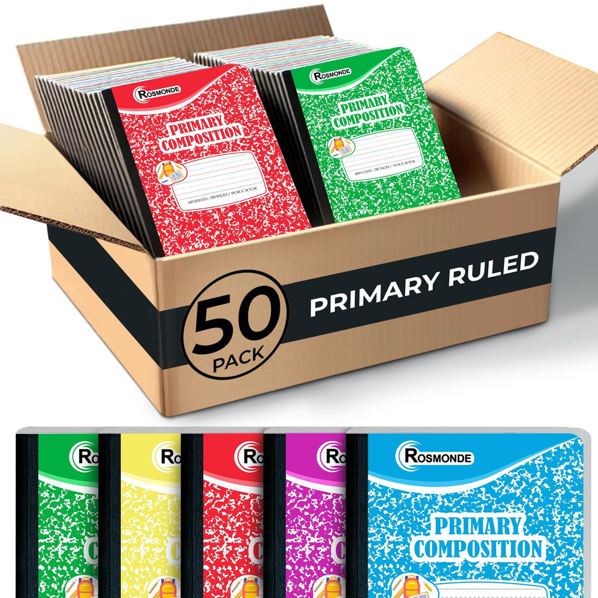 5 Pack Composition Notebooks Primary Ruled, Color Marble Notebooks | Writing Dotted Lined, Grades K-2 Writing Workbook, 200 Pages (100 Sheets), 9-3/4" x 7-1/2", Sewn Binding, Hardcover Notebooks