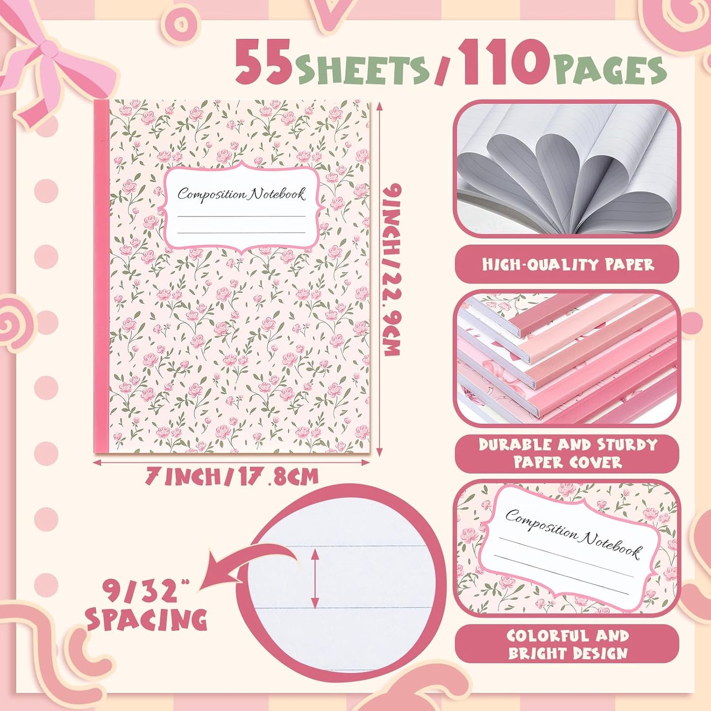 Fullhawl 6 Pack Pink Composition Notebook College Ruled | Back to School Supplies 110 Pages Note Taking, 9-3/4 x 7-1/2"Inch Size, Preppy Aesthetic Design, Cute Journal Office Use