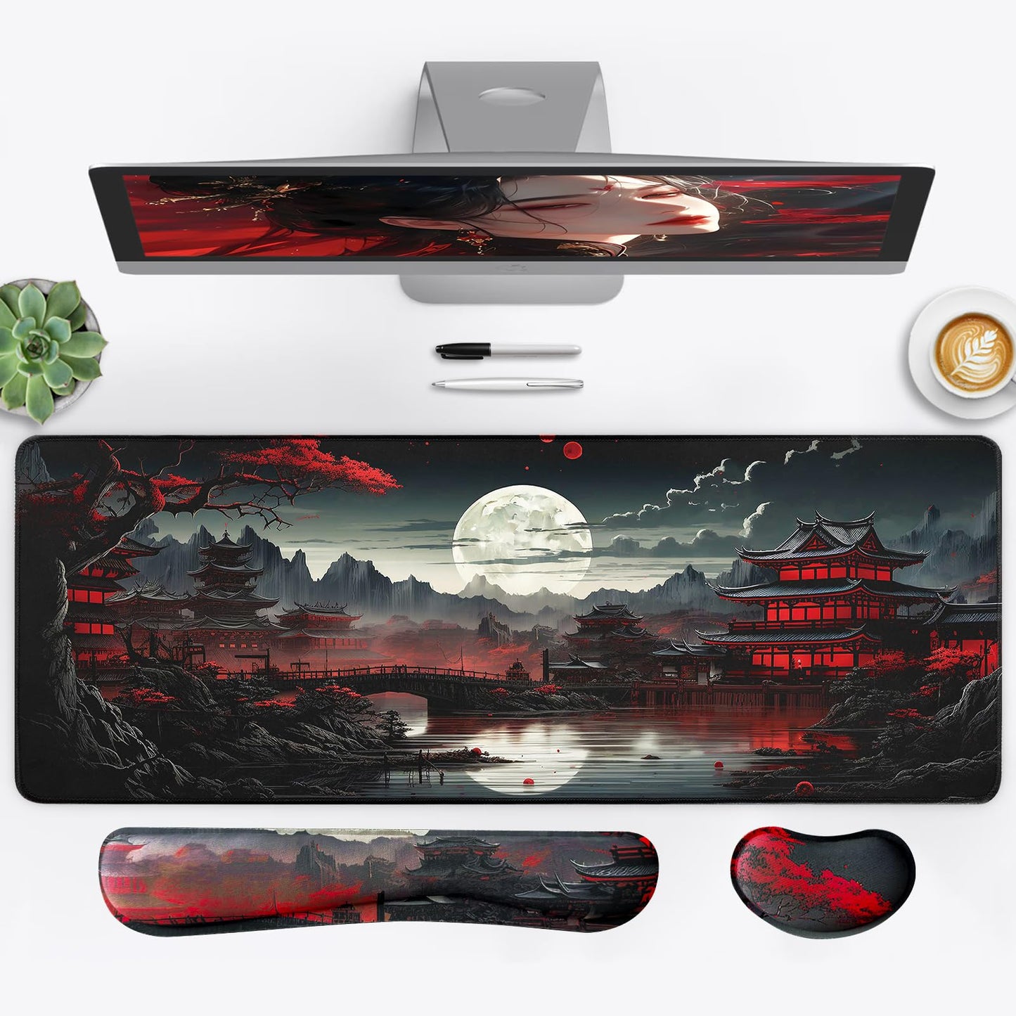 FreeNook Large Gaming Mouse Pad, Anime Black Mousepad with Stitched Edges, Expanded Cool Desk Mat, Japanese Red Moon XL Keyboard Mat Suitable for Home Office,31.5 X 11.8 Inch