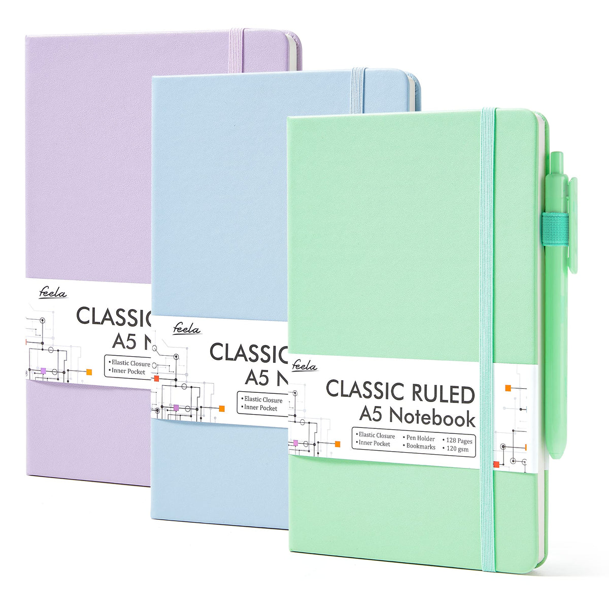 feela 3 Pack Hardcover Notebook For Women, Classic Ruled Lined Journal Set School Business Supplies, with 3 Black Pens, 120 GSM, 5.1”x8.3”, A5, Pastel Colors, Light Blue, Light Purple, Light Green