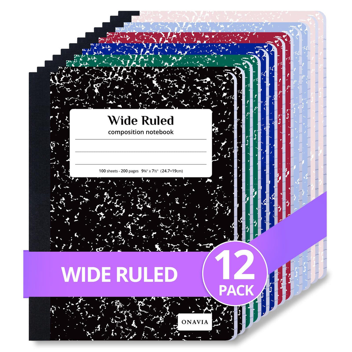ONAVIA Composition Notebook Wide Ruled 6 Pack, 200 Pages, Assorted | 100 ct, 9.75 x 7.5 in, Wide Ruled Composition Notebook, Durable Comp Book, School Notebooks, Note Taking, Students