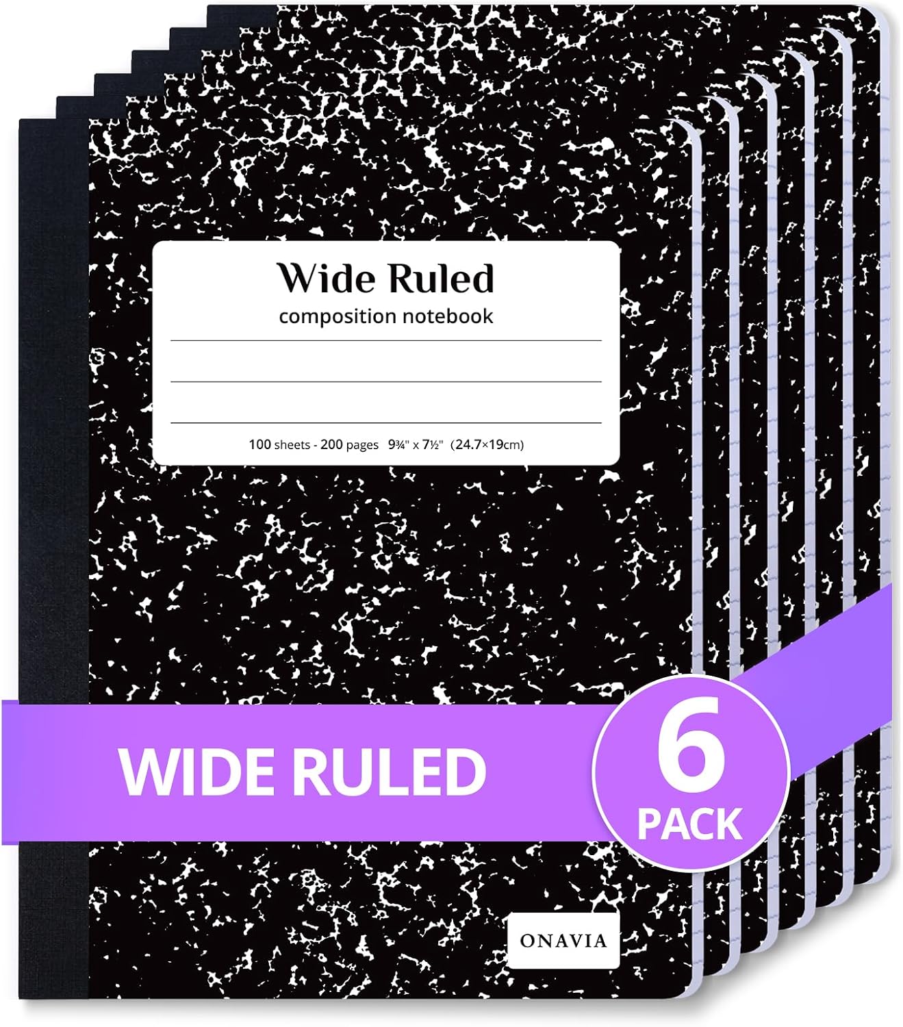 ONAVIA Composition Notebook Wide Ruled 6 Pack, 200 Pages, Marble Black | 100 ct, 9.75 x 7.5 in, Wide Ruled Composition Notebook, Durable Comp Book, School Notebooks, Note Taking, Students