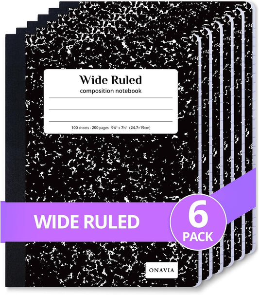 ONAVIA Composition Notebook Wide Ruled 6 Pack, 200 Pages, Marble Black | 100 ct, 9.75 x 7.5 in, Wide Ruled Composition Notebook, Durable Comp Book, School Notebooks, Note Taking, Students