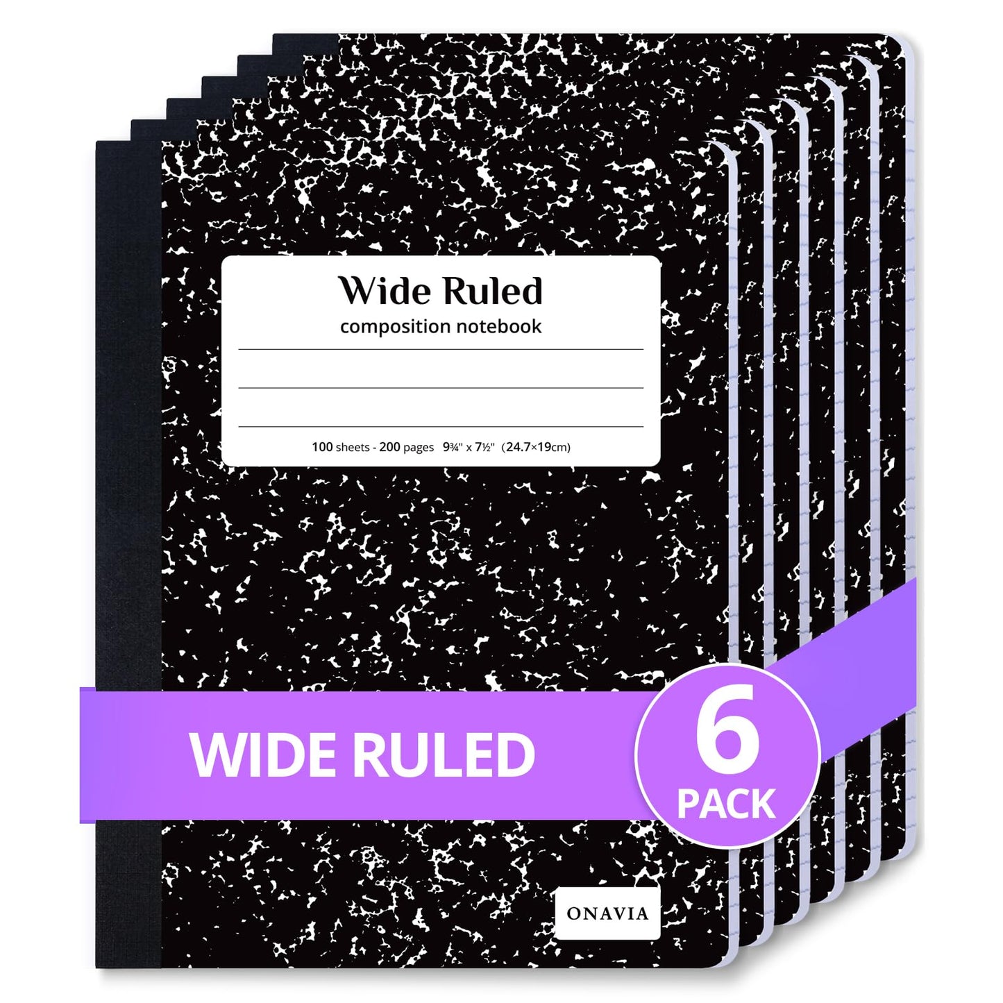 ONAVIA Composition Notebook Wide Ruled 6 Pack, 200 Pages, Marble Black | 100 ct, 9.75 x 7.5 in, Wide Ruled Composition Notebook, Durable Comp Book, School Notebooks, Note Taking, Students