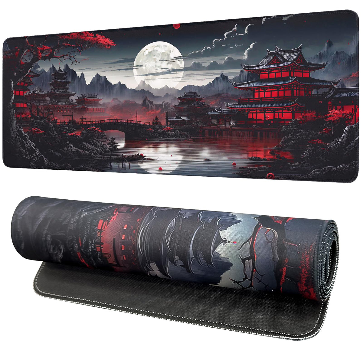 FreeNook Large Gaming Mouse Pad, Anime Black Mousepad with Stitched Edges, Expanded Cool Desk Mat, Japanese Red Moon XL Keyboard Mat Suitable for Home Office,31.5 X 11.8 Inch