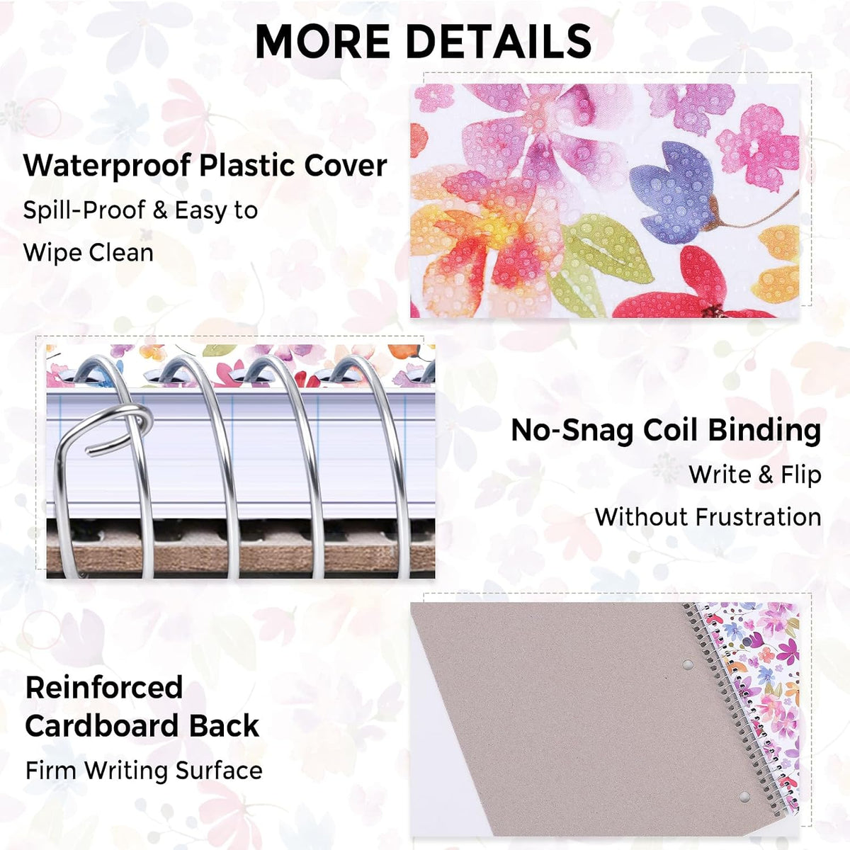 SKYDUE 8"x10.5" Spiral Notebook - College Ruled 100 Sheets, 1 Subject Notebook for School & Office, 3-Hole Punched Paper, Floral Design