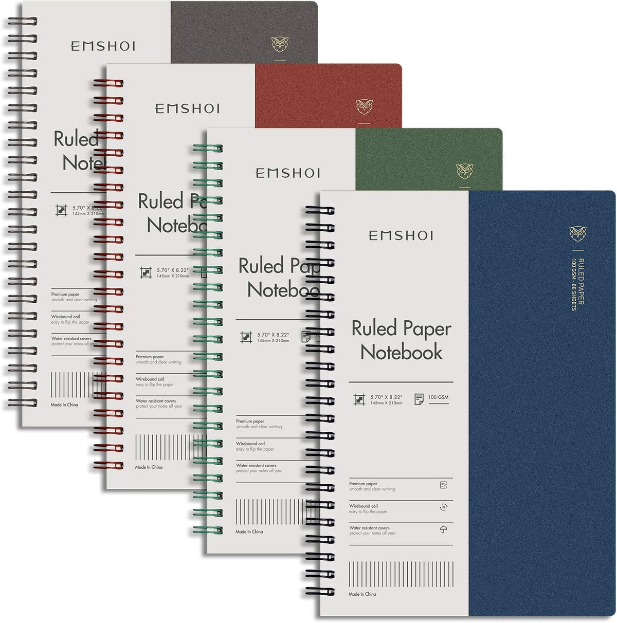 EMSHOI Lined Spiral Journal Notebook, 4 Pack, 640 Pages, A5 (5.7" x 8.2") | College Ruled, 100 GSM Thick Paper, Flexible Plastic Cover, for School, Student, Writing, Journaling, Work, Women & Men