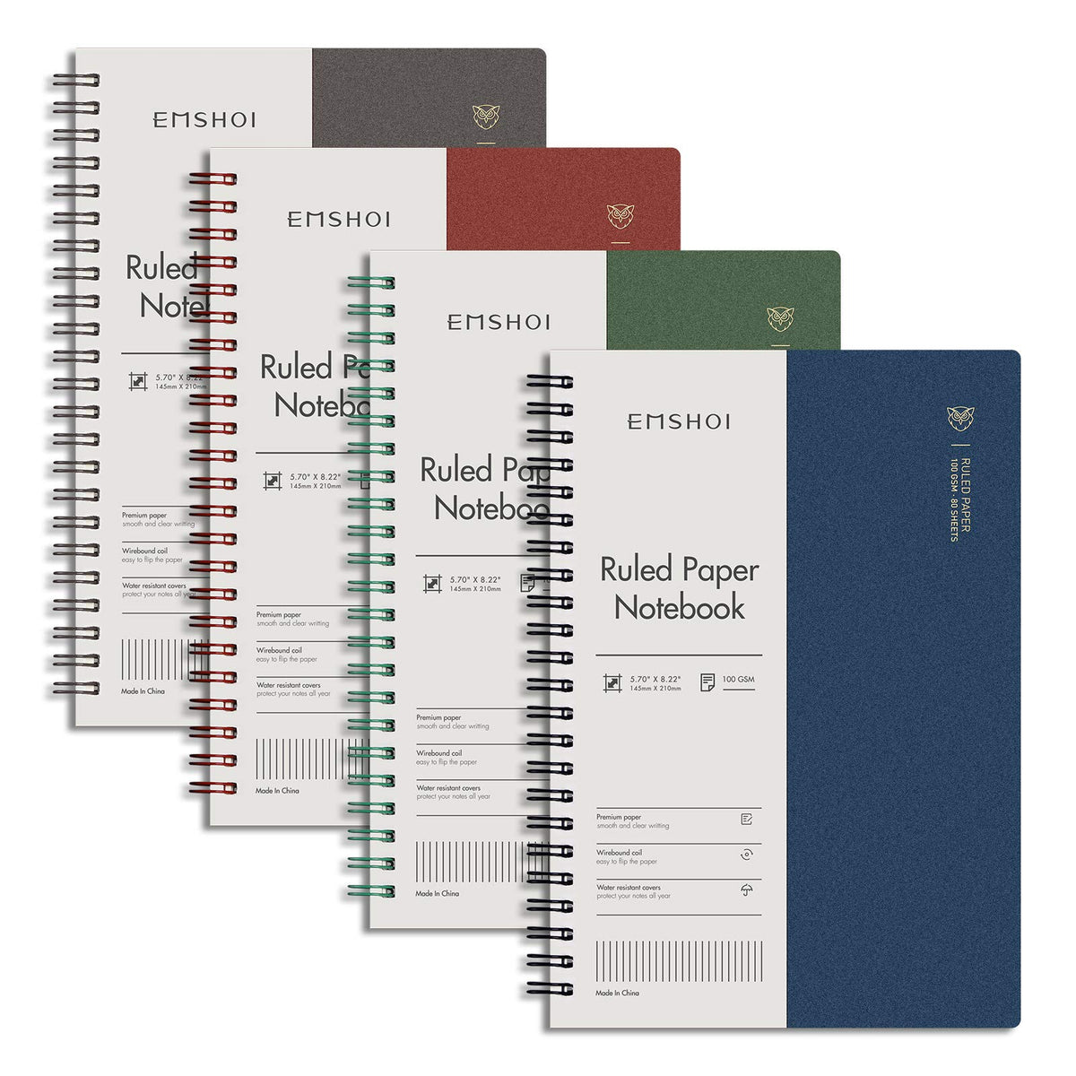 EMSHOI Lined Spiral Journal Notebook, 4 Pack, 640 Pages, A5 (5.7" x 8.2") | College Ruled, 100 GSM Thick Paper, Flexible Plastic Cover, for School, Student, Writing, Journaling, Work, Women & Men