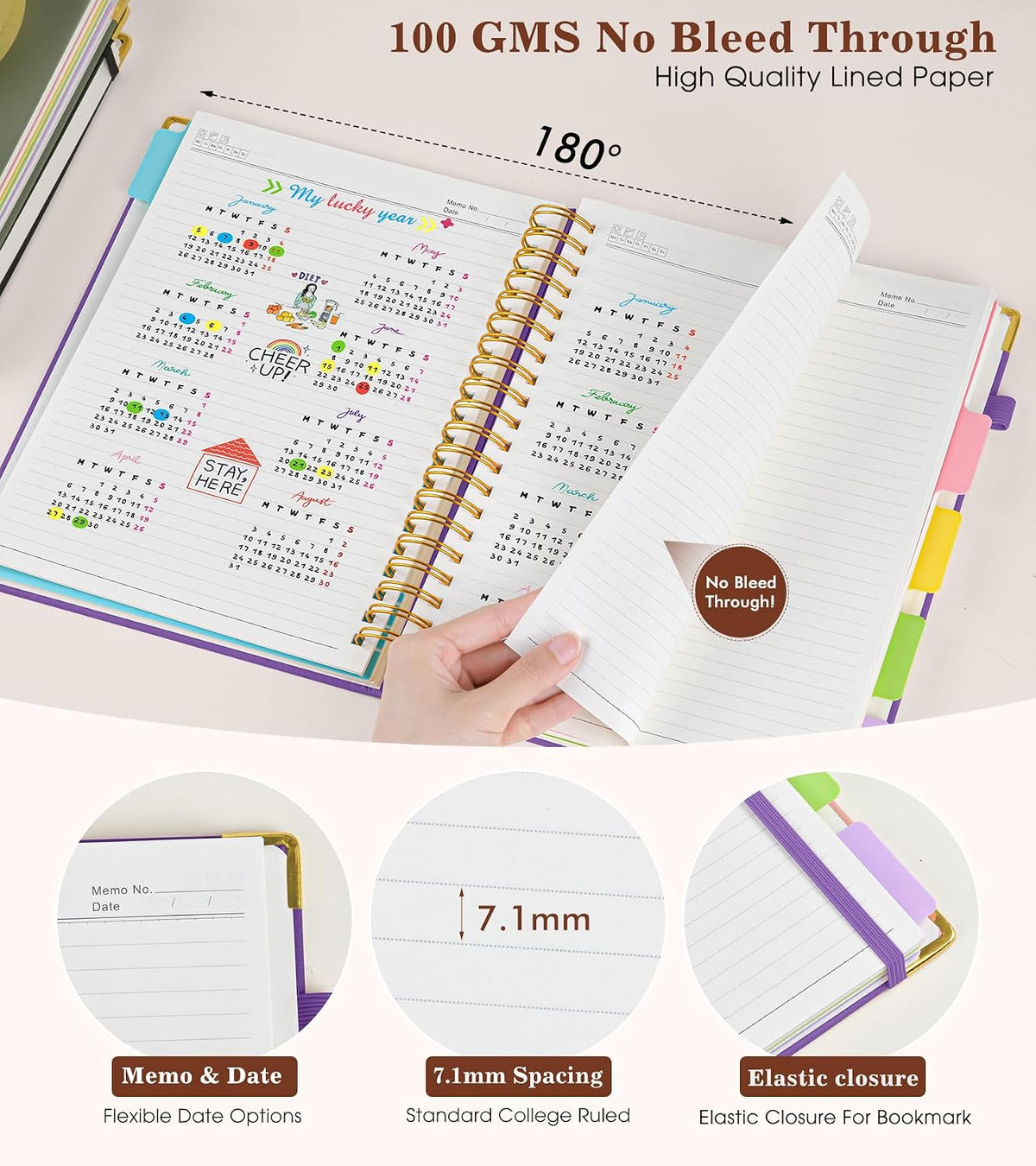 Hardcover Large Spiral Notebook 8.5" x 11" with Removable Dividers Tabs, 300 pages Leather 5 Subject Notebook College Ruled, A4 Journal for Women Men, Notebooks for Work School Note taking,Purple