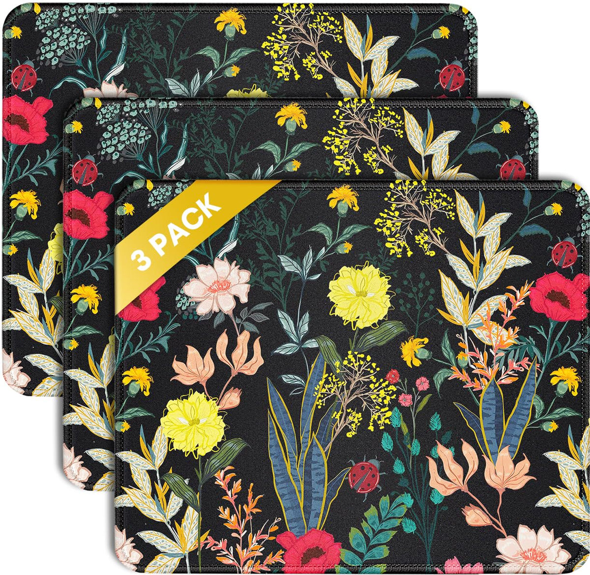 JIKIOU 3 Pack Mouse Pad with Stitched Edge, Perfect Size 10.2x8.3in Black | Anti-Fray, Comfortable Smooth Lycra Surface, Non-Slip Rubber Base, Machine Washable Fade-resistant, Compatible with All Mice